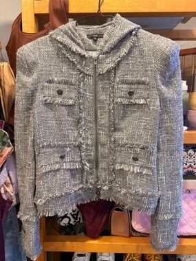Fate Tweed Zip-Up Fringe Blazer Jacket in Grey and White